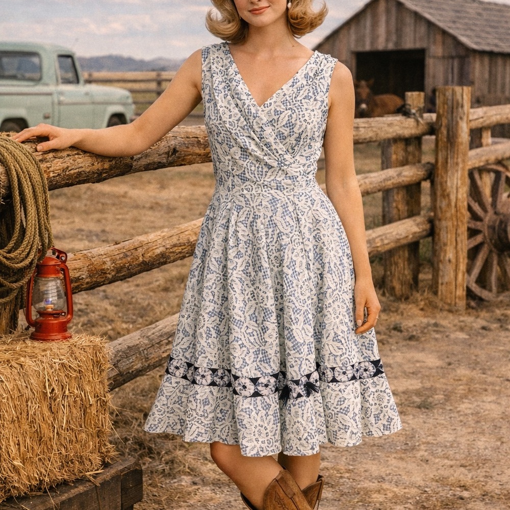 Vintage Chic Sleeveless Blue and White Midi Dress